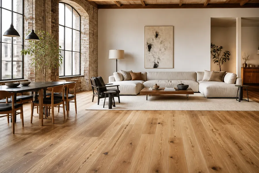 Wide European oak plank floor in a calm, light Dutch living room interior